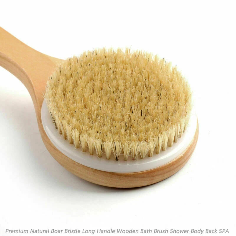 Premium Natural Boar Bristle Long Handle Wooden Bath Brush Shower Body Back SPA