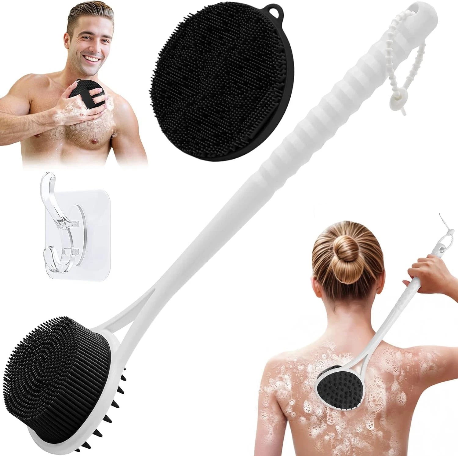 Silicone Back Scrubber & Body Scrubber Set, 15.35’’ Soft Back Scrubber for S