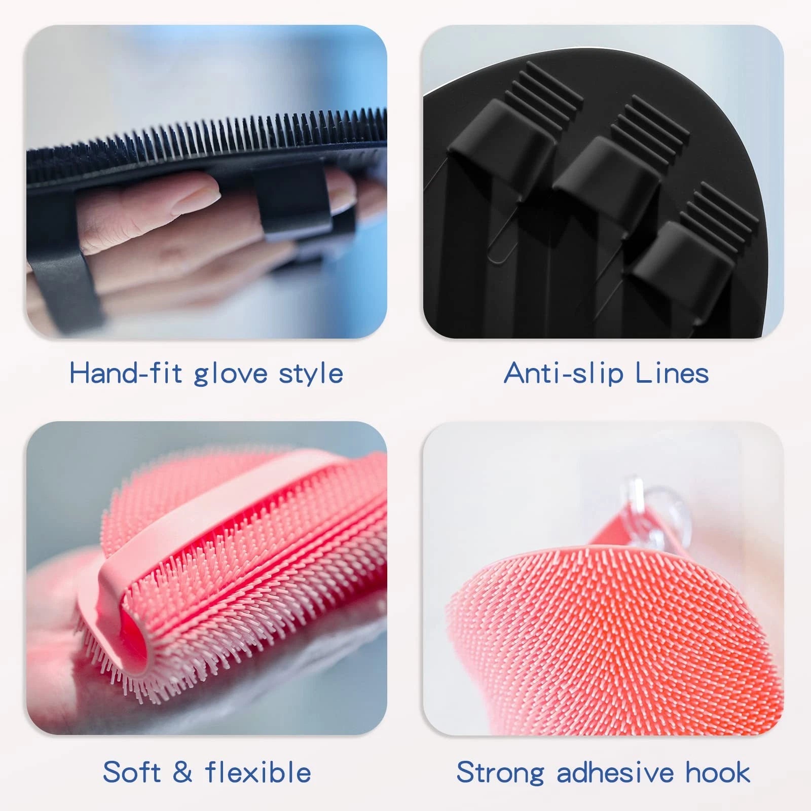 Silicone Back Scrubber (Thick Bristles) & Bath Glove & Face Brush Set(3PCS), ...