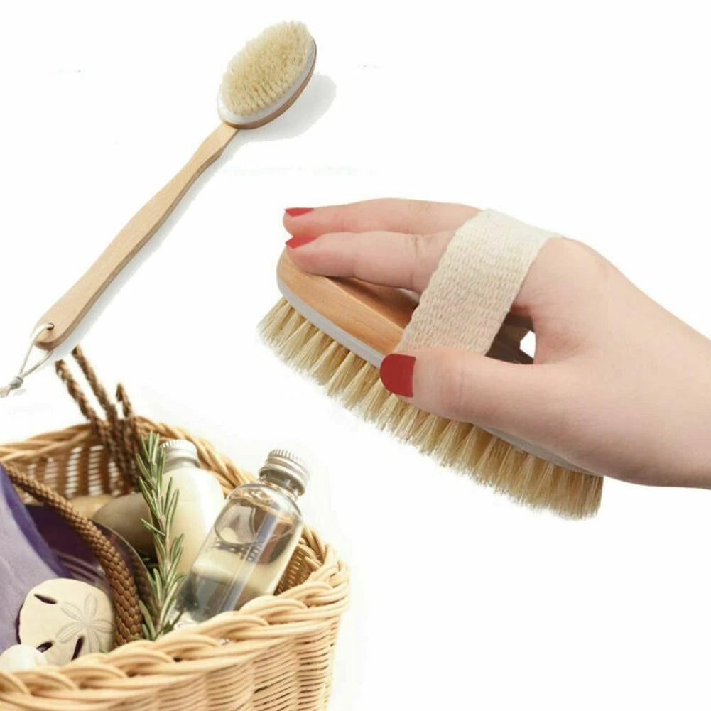 Durable Natural Long-Handled Bath Shower Body Back Dry Skin Spa Scrubber Brush F