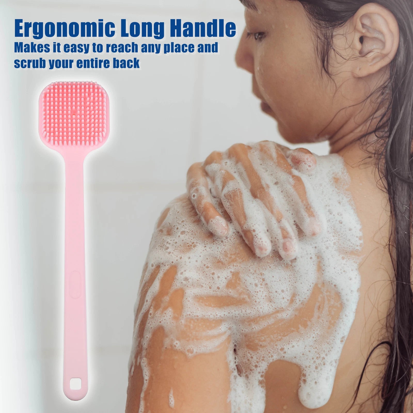 Soft Silicone Long Handled Bath Shower Body Brush Back Scrubber for Men Women