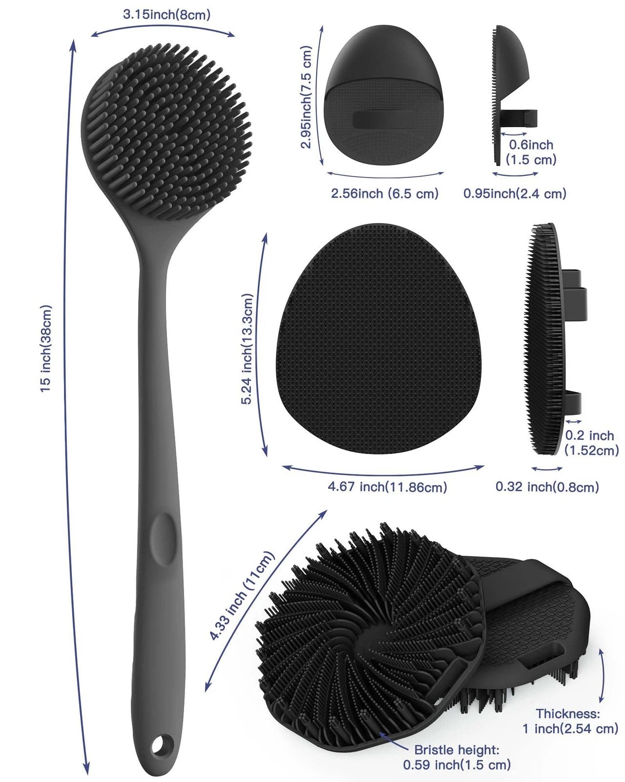Silicone Back Scrubber & Soft Bath Glove Set 4 PCS(Thick Bristles), Super-Exf...
