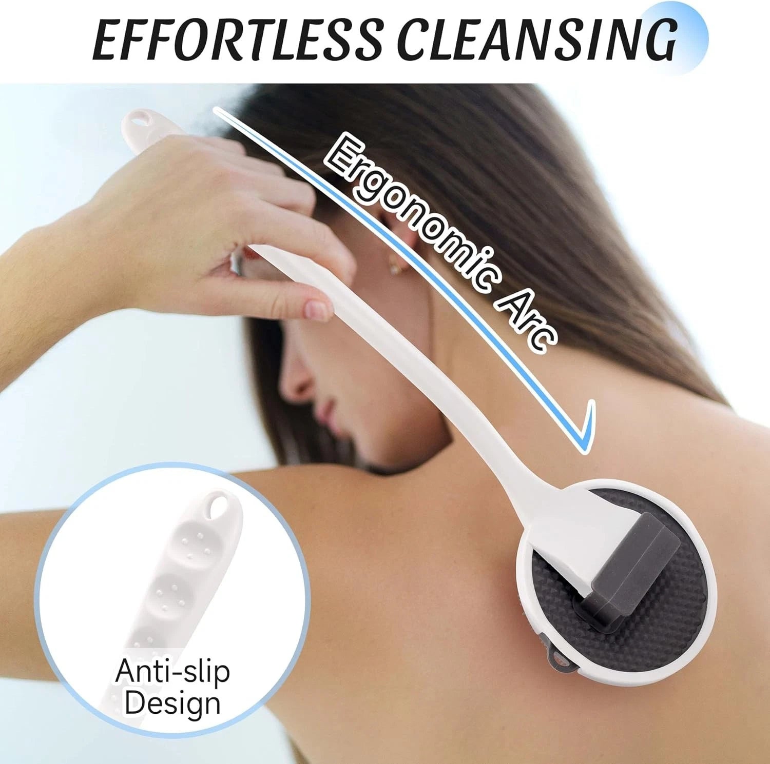 Silicone Back Scrubber for Shower, 15.68'' Detachable Long Handle Bath Brush wit