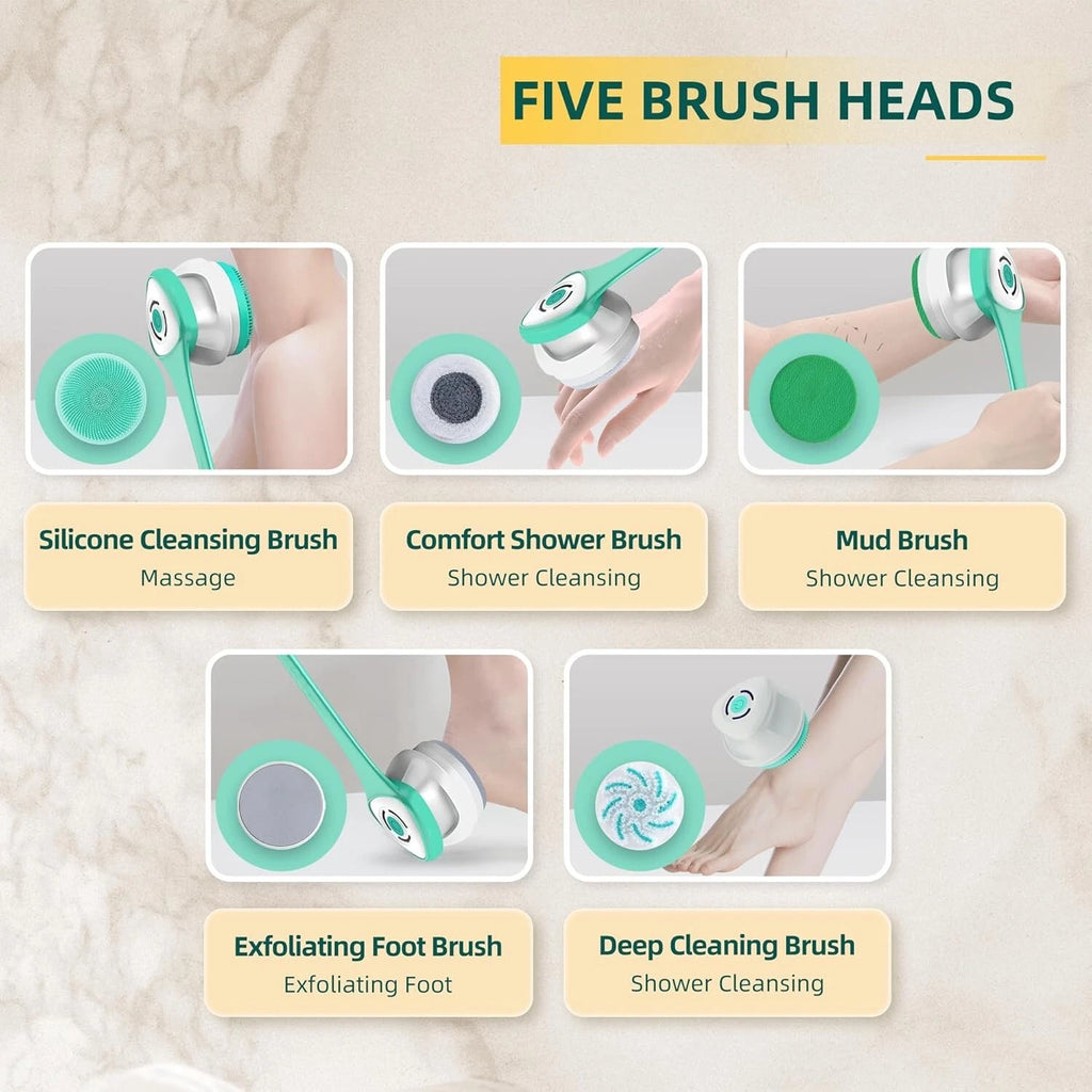 Electric Back Scrubber with Five Body Brush Head, Rechargeable (SAND FRIENDLY)