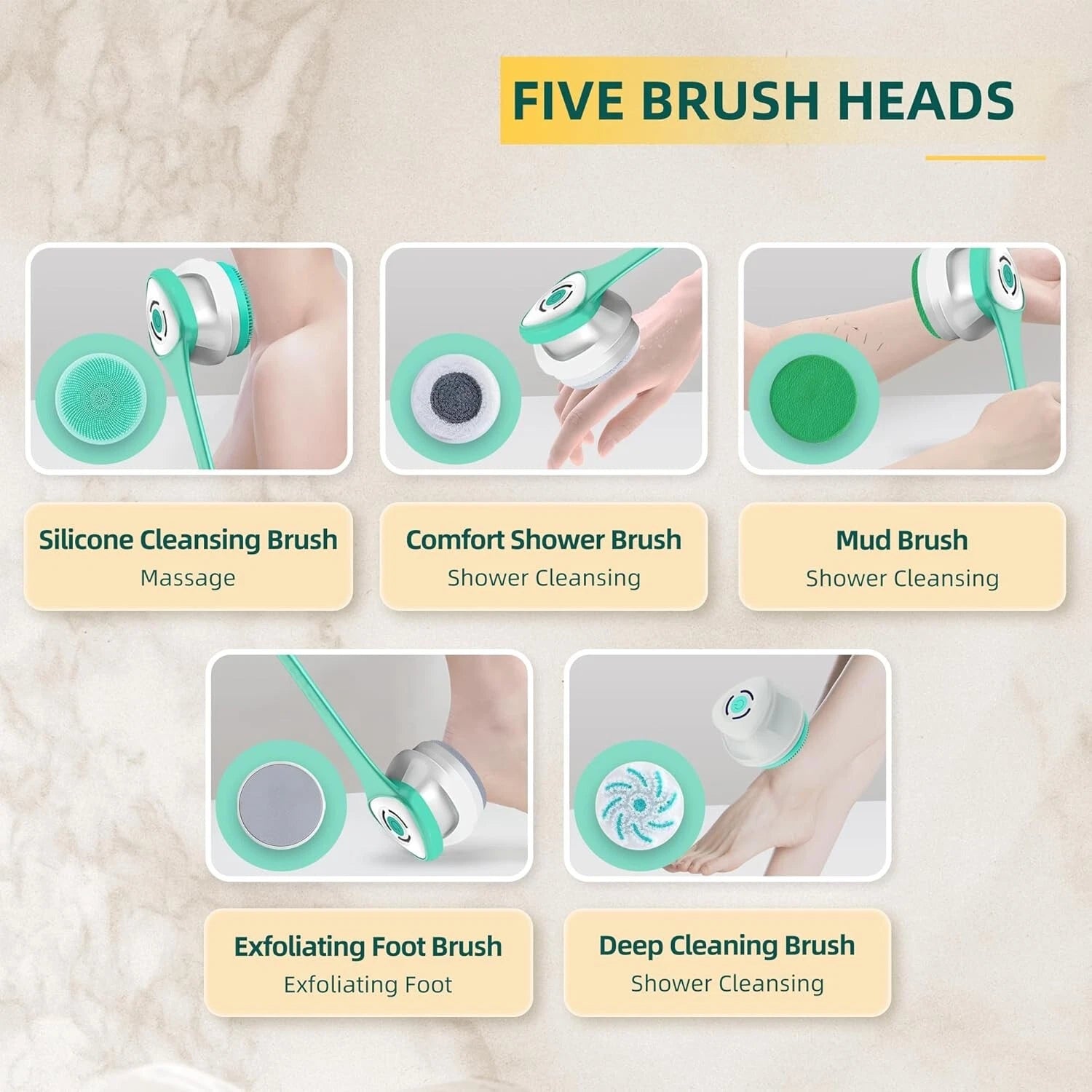 Electric Back Scrubber with Five Body Brush Head, Rechargeable (SAND FRIENDLY)