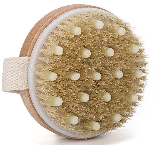 Wooden Bath Brush w Natural Bristles-Handheld Body Scrubber Exfoliator Spa Tool