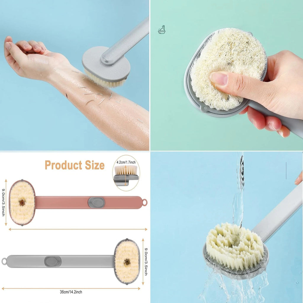 Long Handle Back Scrubber with Soap Dispenser - Bath Brush (Pink & Grey)