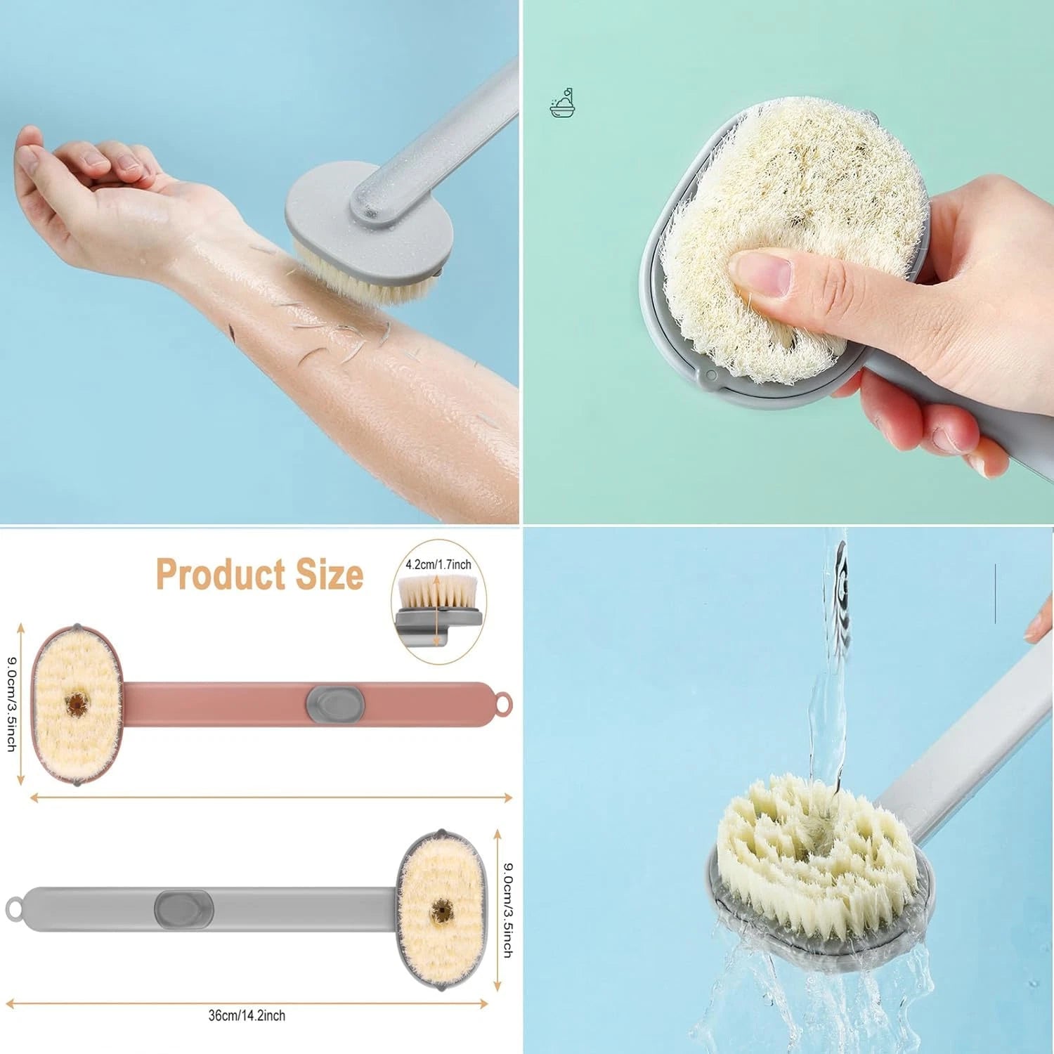 Long Handle Back Scrubber with Soap Dispenser - Bath Brush (Pink & Grey)