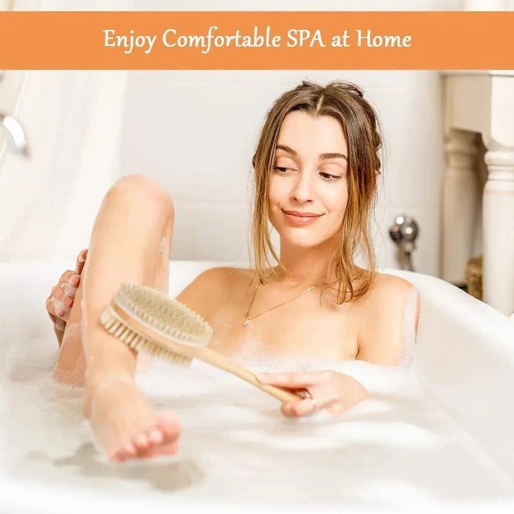 Long Handle Body Brush Back Scrubber Natural Bristles Wooden Shower Bath Loofah