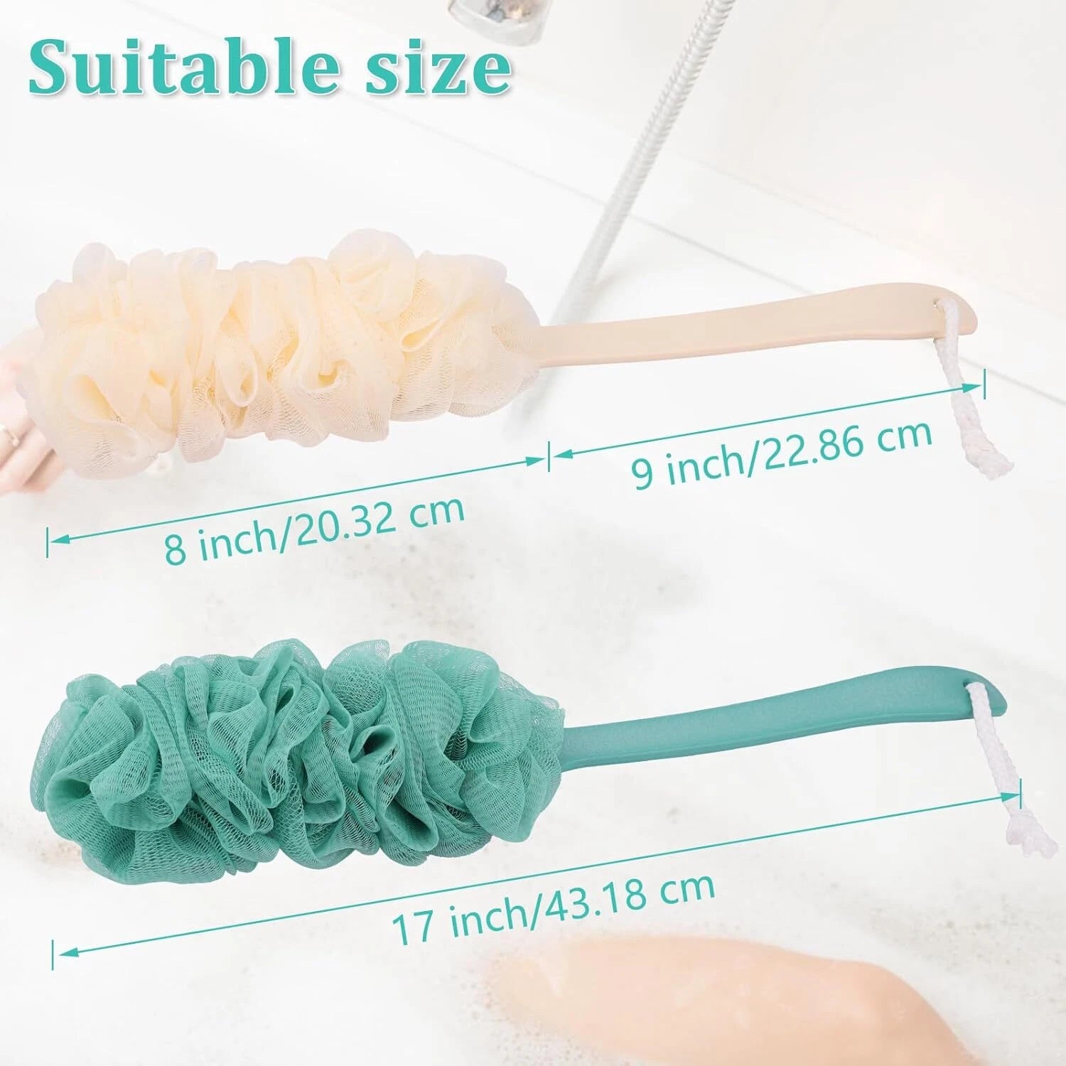 2 Pack Back Scrubber Shower Loofah Long Handle 17 Loofah on a Stick Men Women