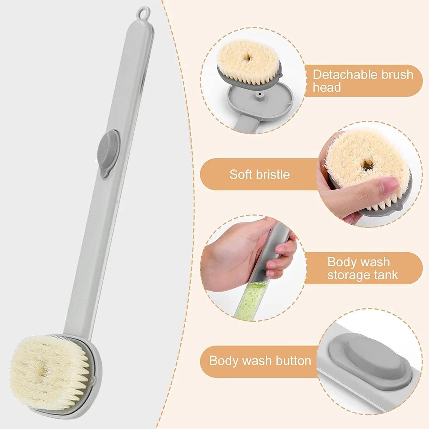 Long Handle Back Scrubber with Soap Dispenser - Bath Brush (Pink & Grey)