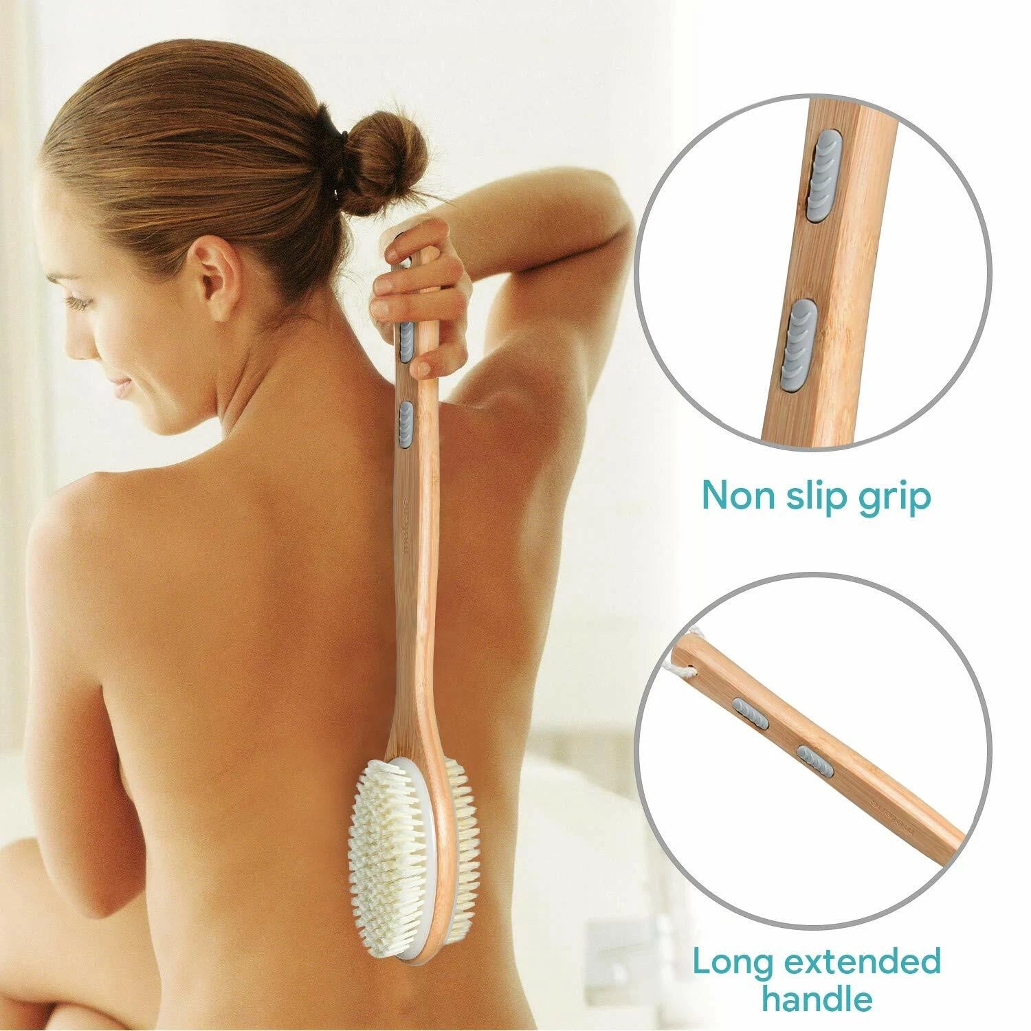 Premium Natural Bristle Wooden Bath Shower Body Back Dry Skin Brush Spa Scrubber