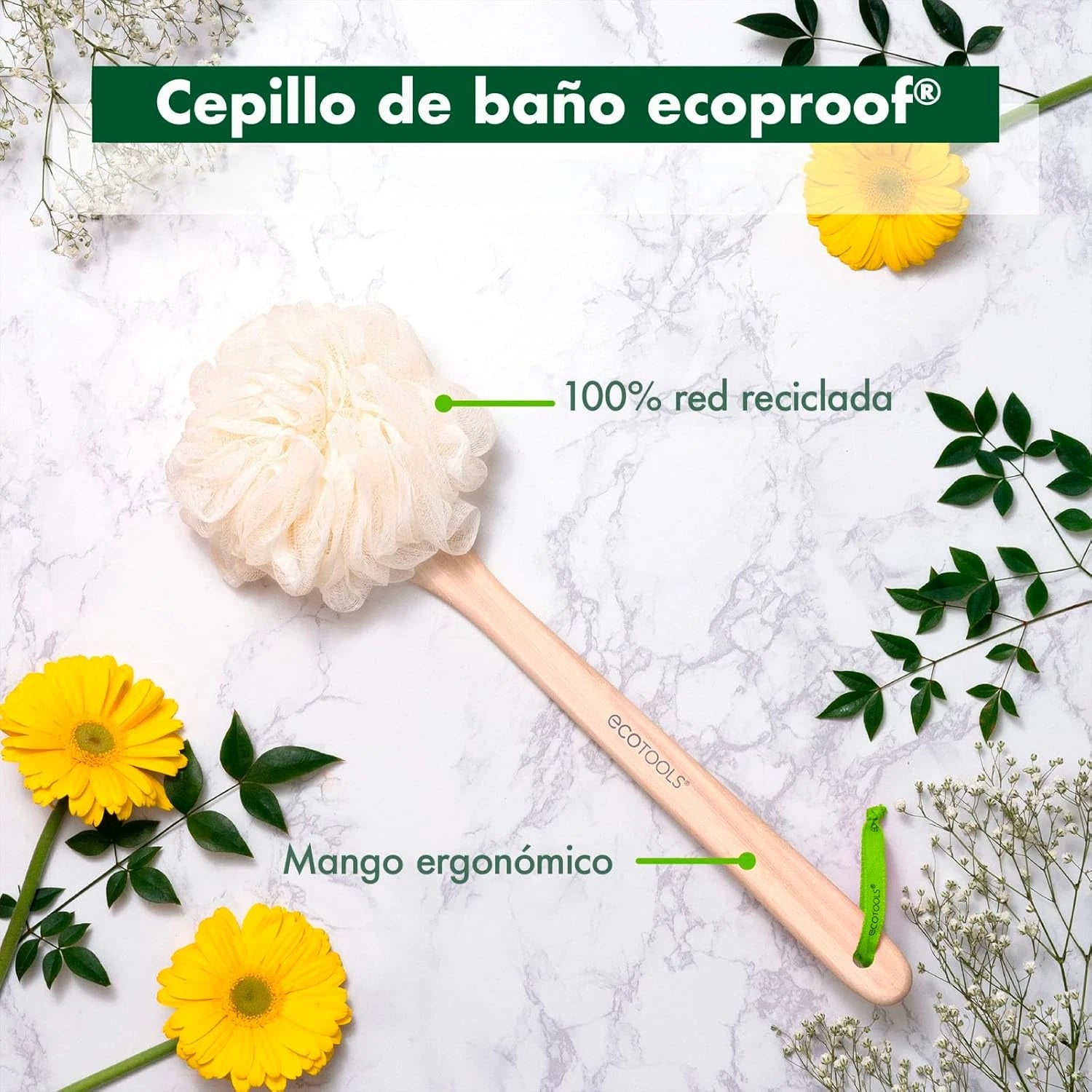 Bath Pouf with Handle - Hard-To-Reach Cleansing Sponge - Ecopouf Bath Brush - As