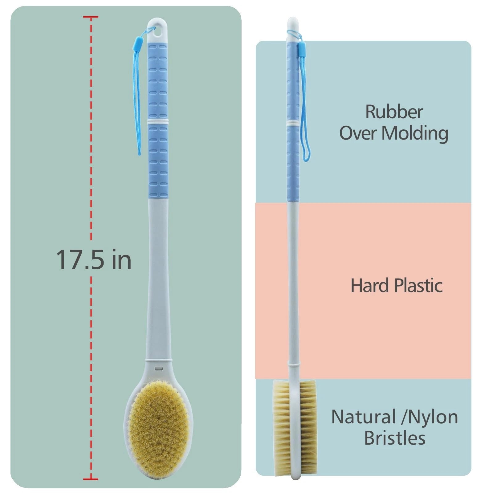 Shower Brush with Soft and Stiff Bristles,17.5" Long Handle Dual-Side Back Sc...