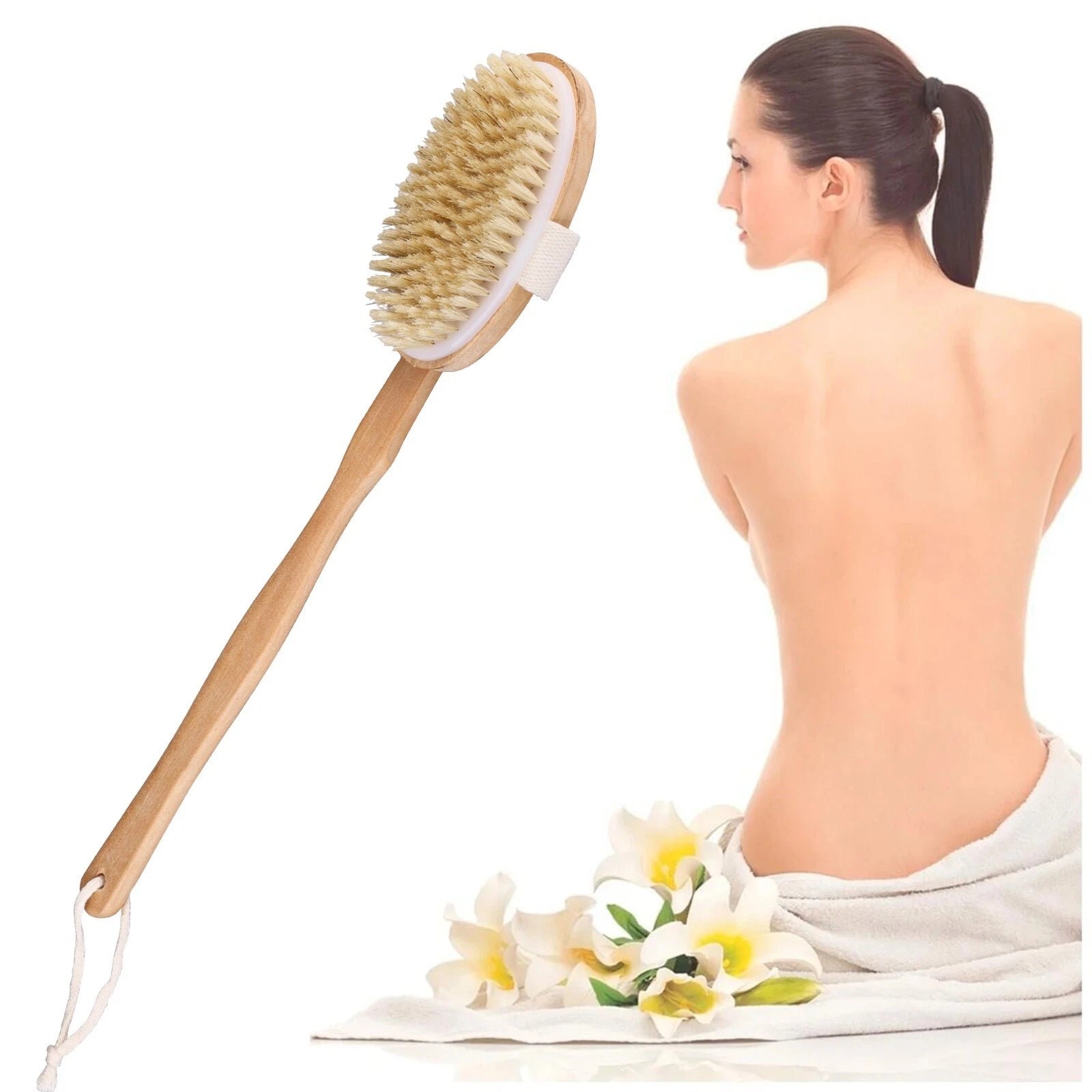 Wooden Bath Brush with Natural Bristles - Premium Body Scrubber for Dry Skin USA