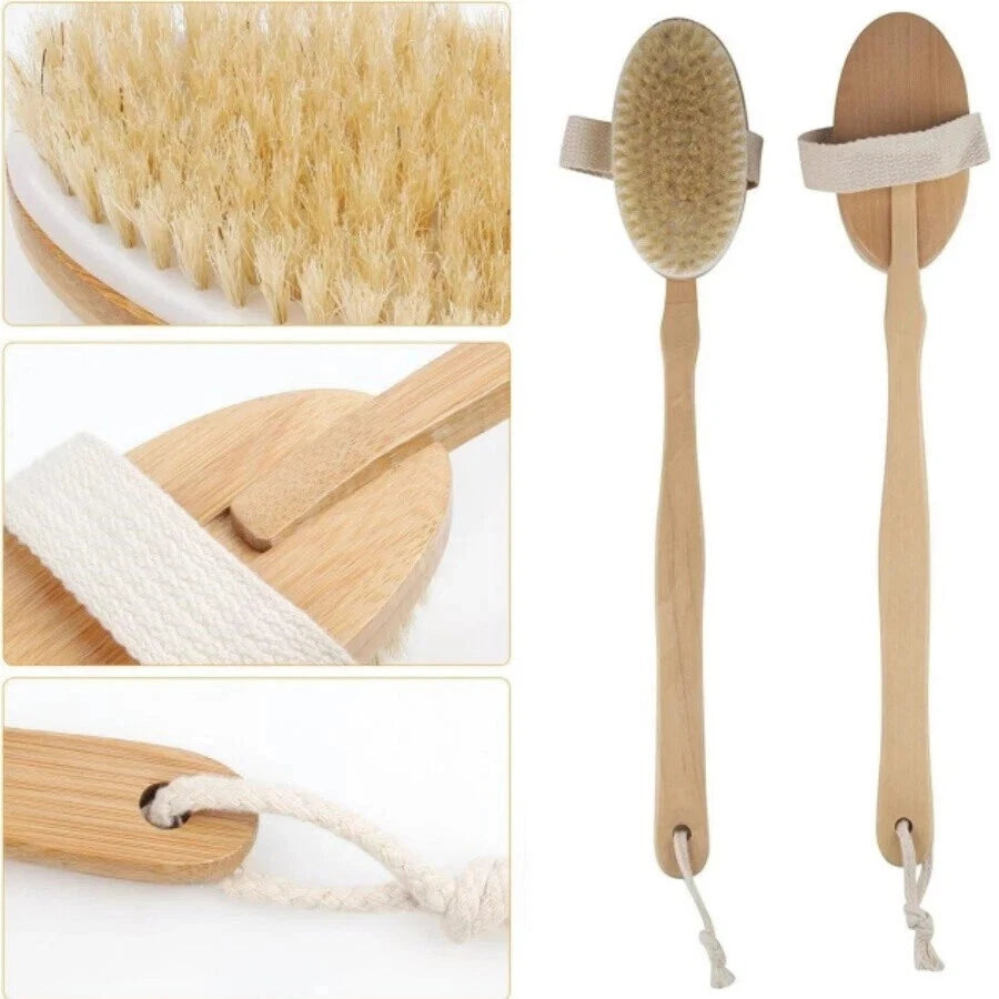 15.7" Long Handle Bath Brush Natural Bristles Body Back Shower Washing Scrubber✅
