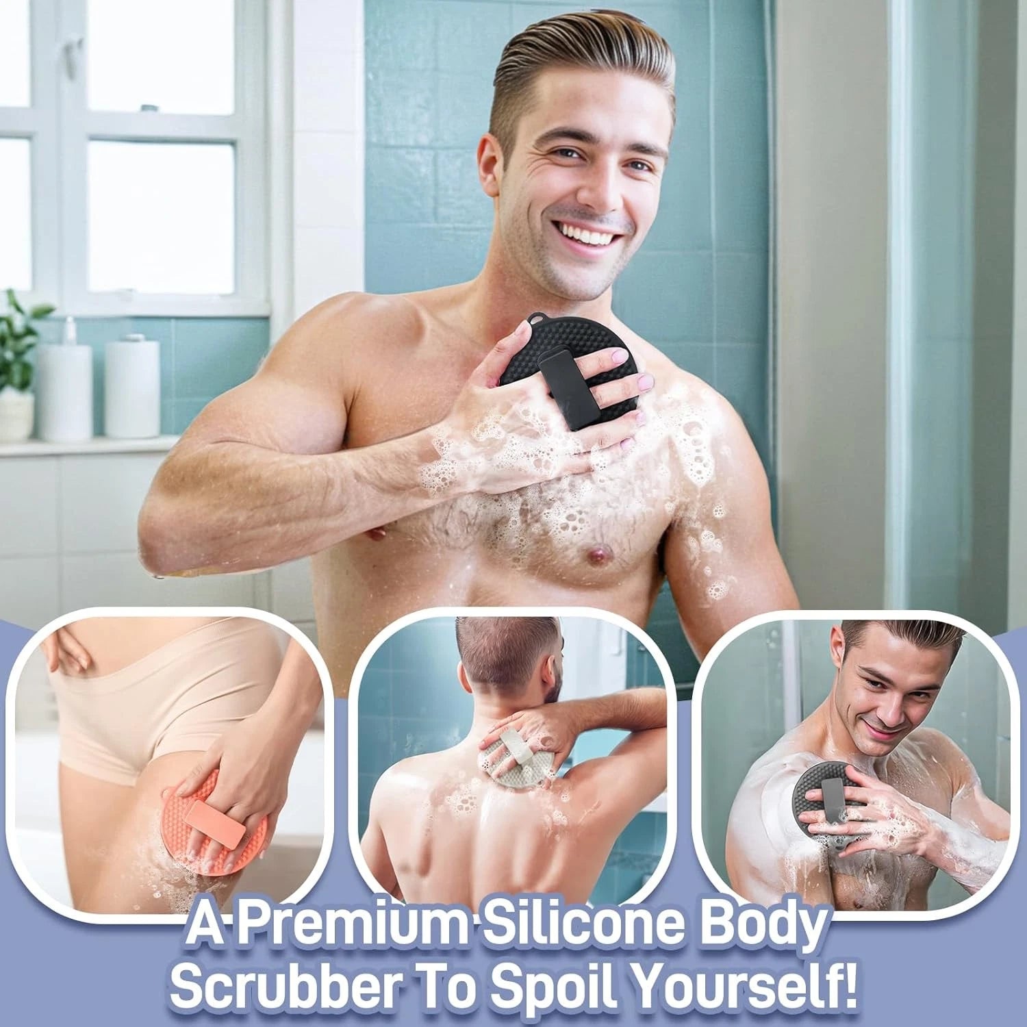 Silicone Back Scrubber & Body Scrubber Set, 15.35’’ Soft Back Scrubber for S