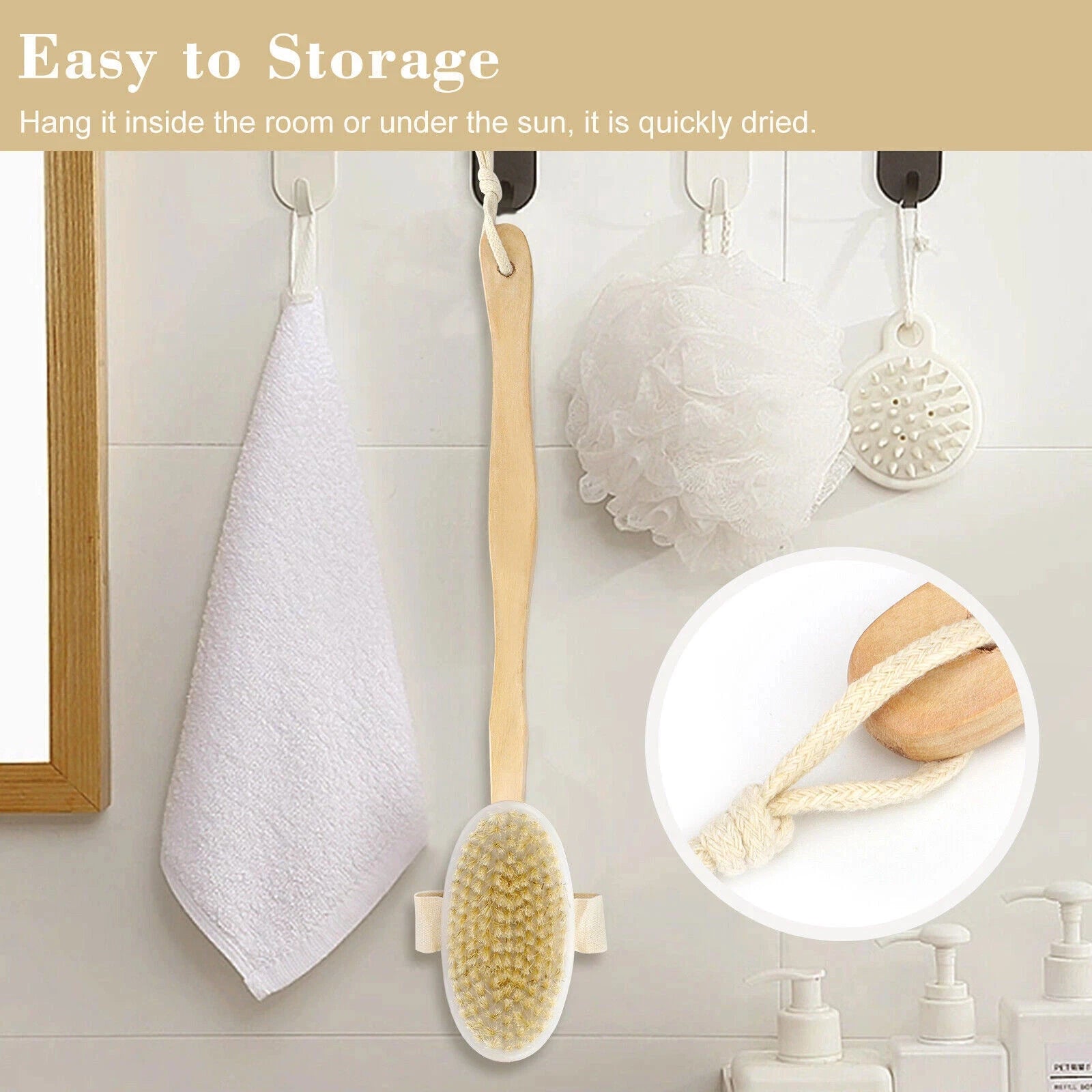 15.7" Long Handle Bath Brush Natural Bristles Body Back Shower Washing Scrubber✅