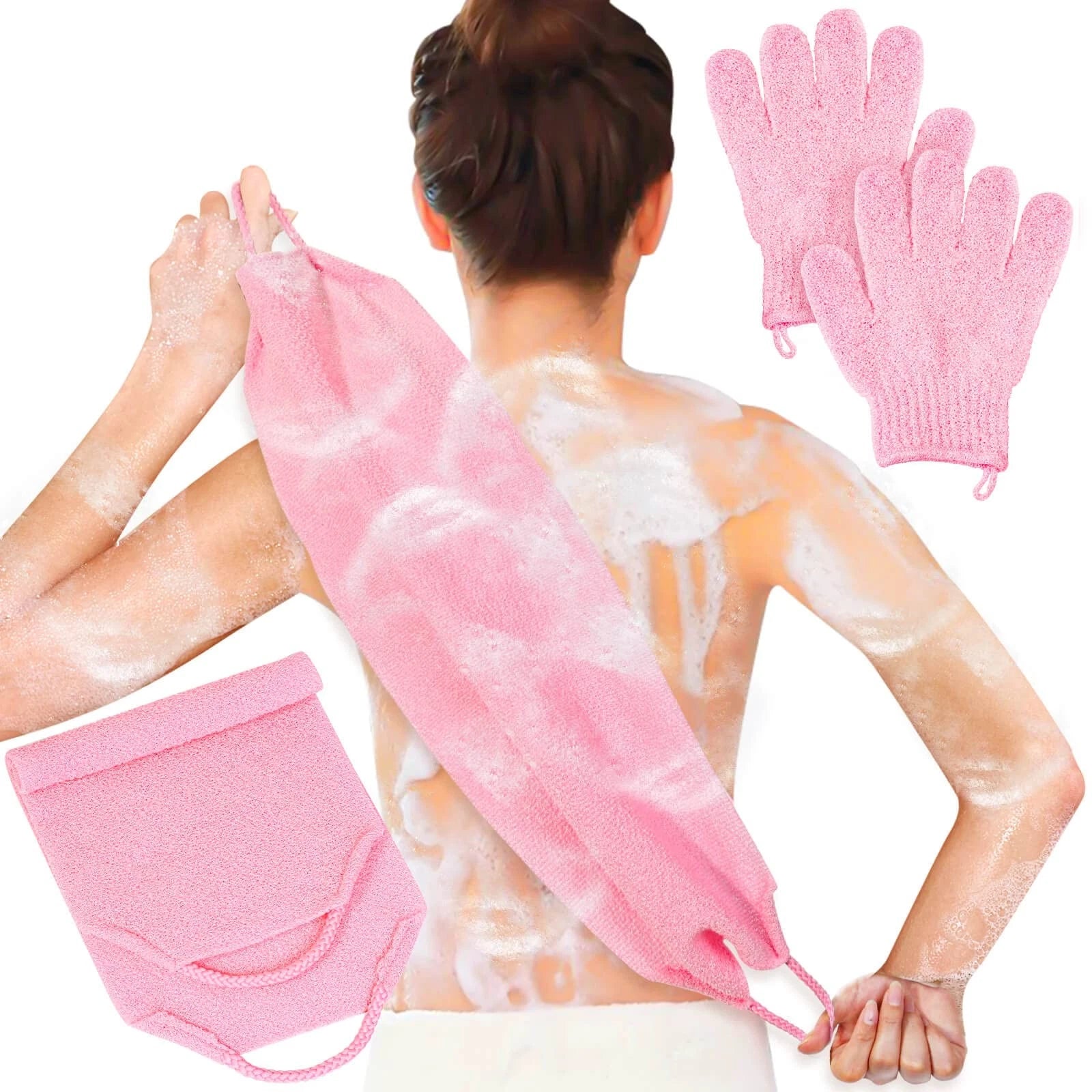 Exfoliating Shower Bath Gloves Back Scrubber Set for Body, Face, Shower, Bath...