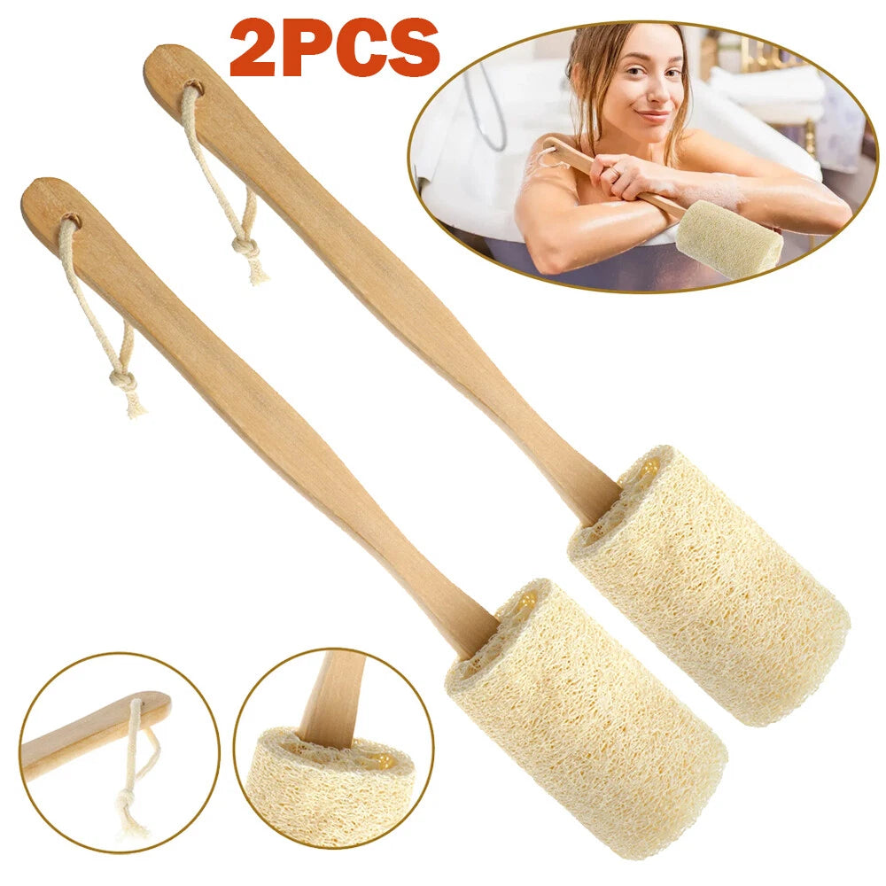2 Natural Exfoliating Loofah Back Sponge Scrubber Brush with Long Wooden Handle