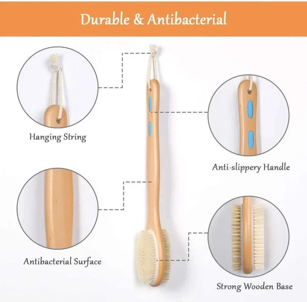 Long Handle Body Brush Back Scrubber Natural Bristles Wooden Shower Bath Loofah