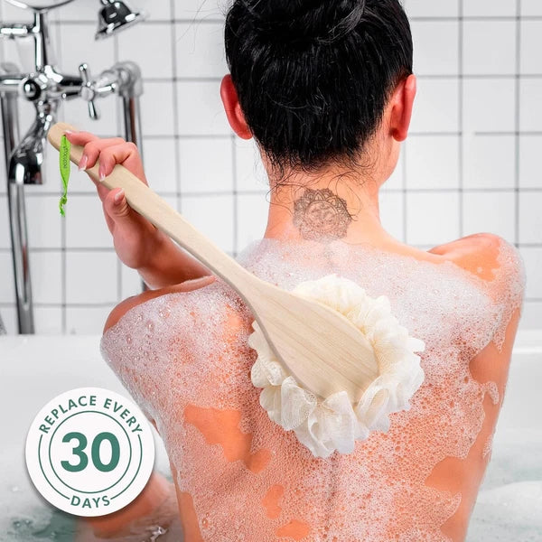 Bath Pouf with Handle - Hard-To-Reach Cleansing Sponge - Ecopouf Bath Brush - As