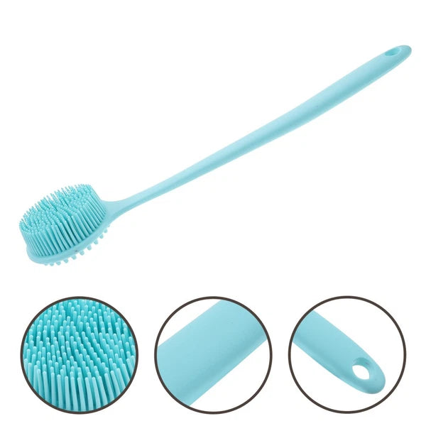 1PC Shower Brush Long Handle Silicone Back Skin Scrubber (Blue)