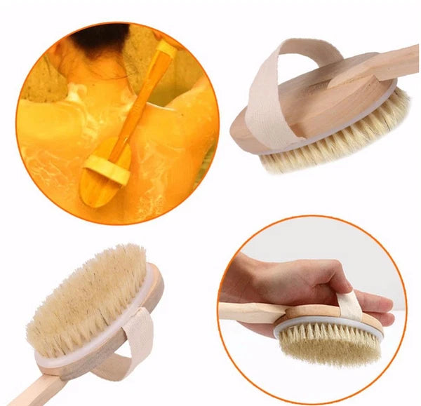 Natural Boar Bristle Wooden Bath and Body Brush Back Brush with Long Handle NEW