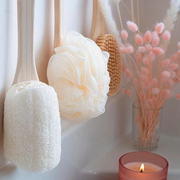 Bath Pouf with Handle - Hard-To-Reach Cleansing Sponge - Ecopouf Bath Brush - As