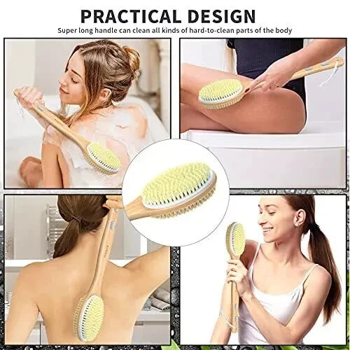 Long Handle Body Brush Bamboo Dual-Sided Back Scrubber Shower Bath Spa Wet / Dry