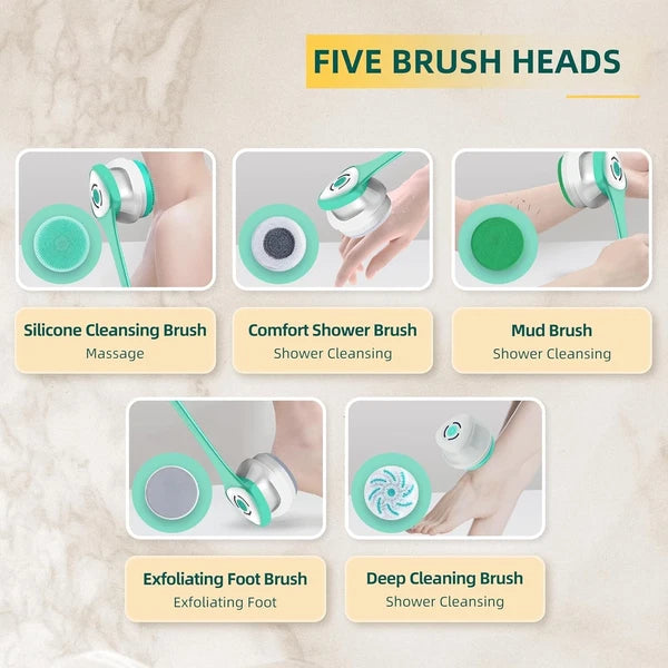 Electric Back Scrubber with Five Body Brush Head, Rechargeable (SAND FRIENDLY)