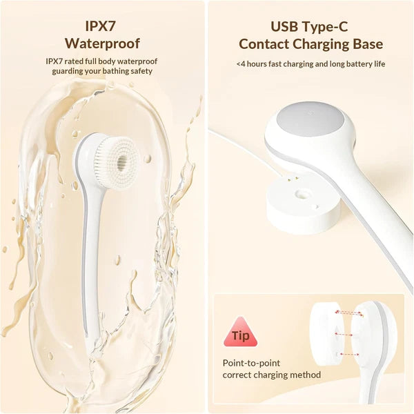 Electric Body Brush Back Scrubber for Shower, Waterproof Long Dual Handle Power