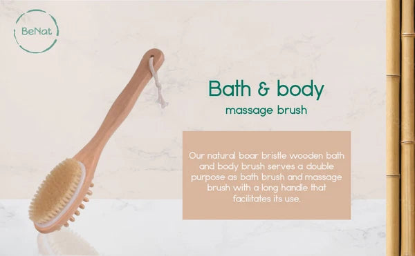 BeNat.Natural boar bristle wooden Bath & Body Brush back Brush with long handle.