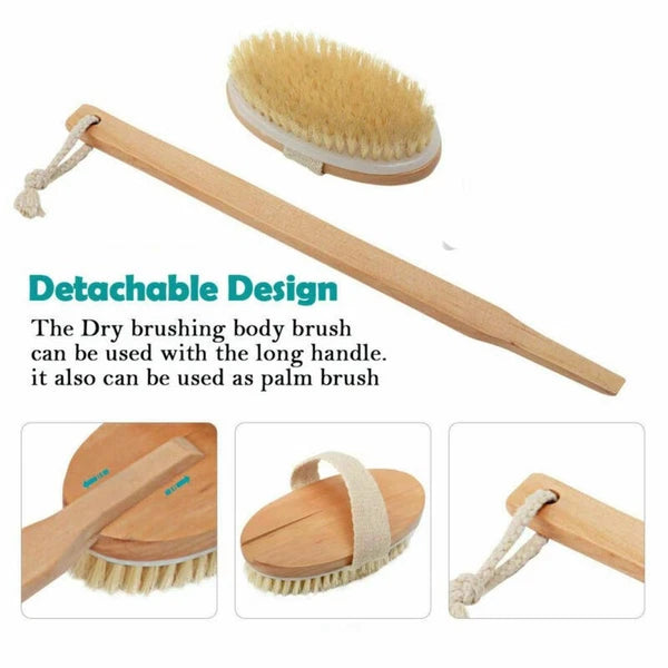 Durable Natural Long-Handled Bath Shower Body Back Dry Skin Spa Scrubber Brush F