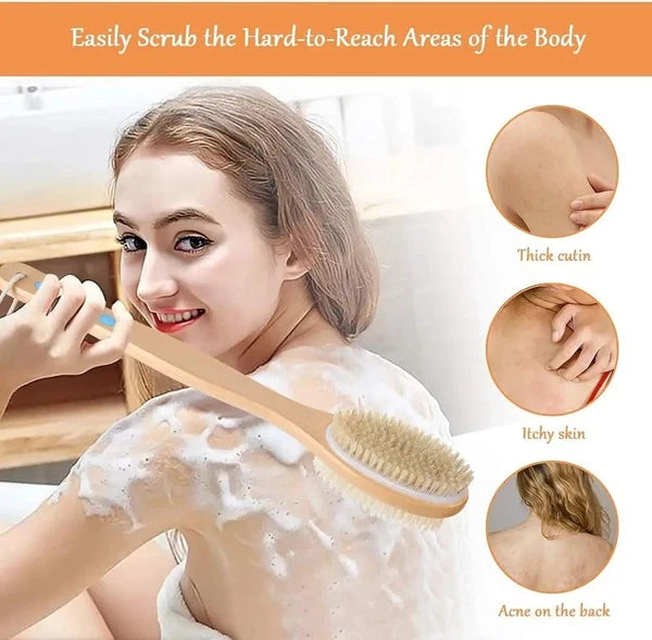 Long Handle Body Brush Back Scrubber Natural Bristles Wooden Shower Bath Loofah
