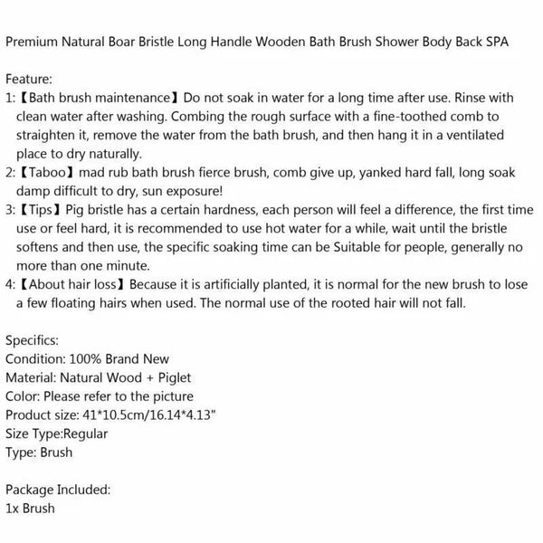 Premium Natural Boar Bristle Long Handle Wooden Bath Brush Shower Body Back SPA