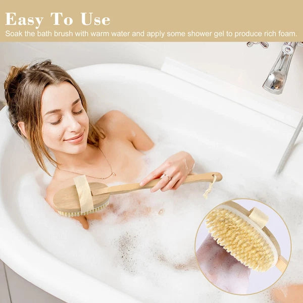 15.7" Long Handle Bath Brush Natural Bristles Body Back Shower Washing Scrubber✅
