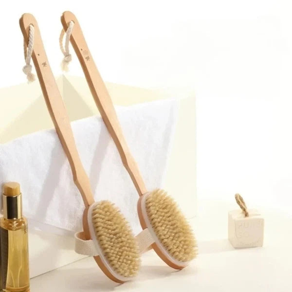 Wooden Long Handle Body Brush - Detachable Back Scrubber Exfoliating Bath Tool
