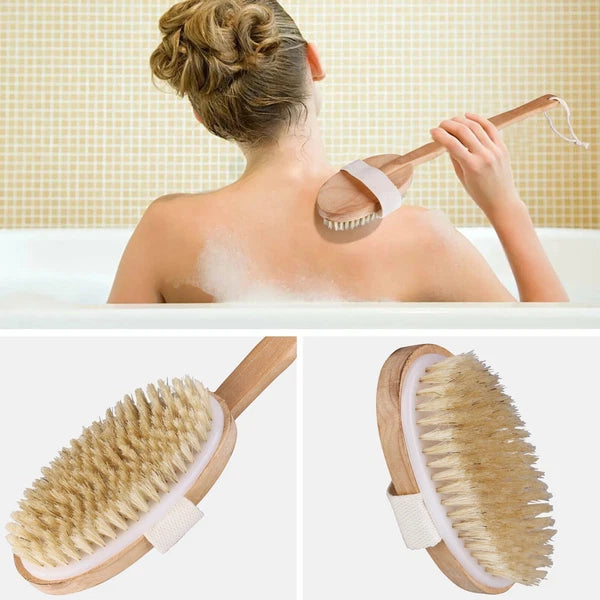 Wooden Bath Brush with Natural Bristles - Premium Body Scrubber for Dry Skin USA
