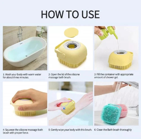 Silicone Bath Brush w Soap Dispenser-Body Scrubber, Handheld Hygiene Exfoliator