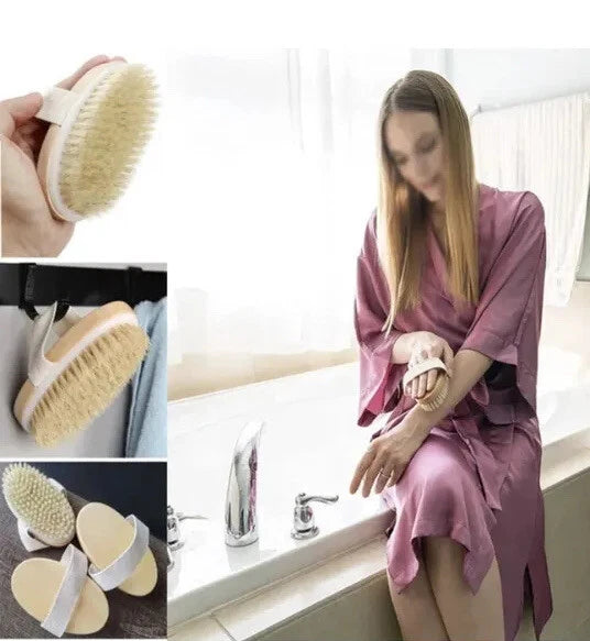 Wooden Bath Shower Body Back Dry Skin Brush Spa Scrubber Natural Bristles