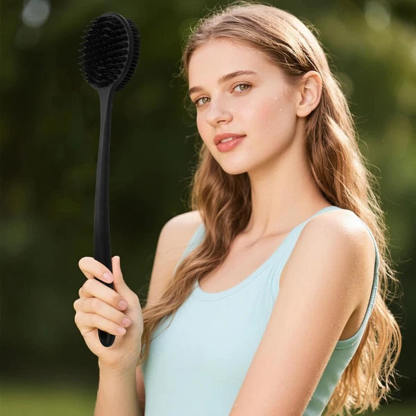 Dual-Sided Silicone Shower Brush - Long Handle Back Scrubber for Exfoliation & M