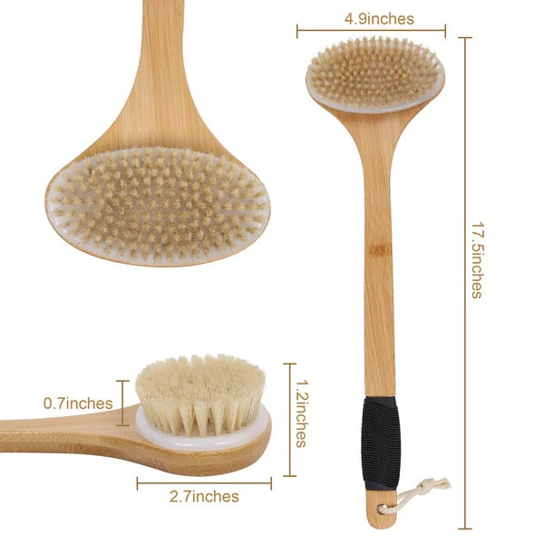 Back Scrub Brush for Shower,Stiff Boar Bristles Bamboo Curved Long Handle Ant...